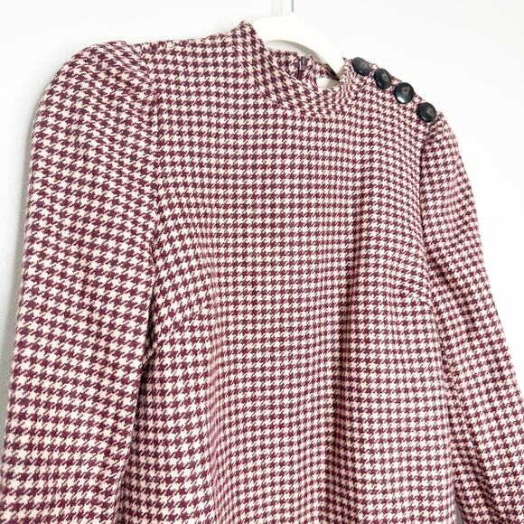 Sezane Erza Burgundy Mini Houndstooth Wool Button Shoulder Mini Dress EU 34 US 2 - Picture 5 of 10